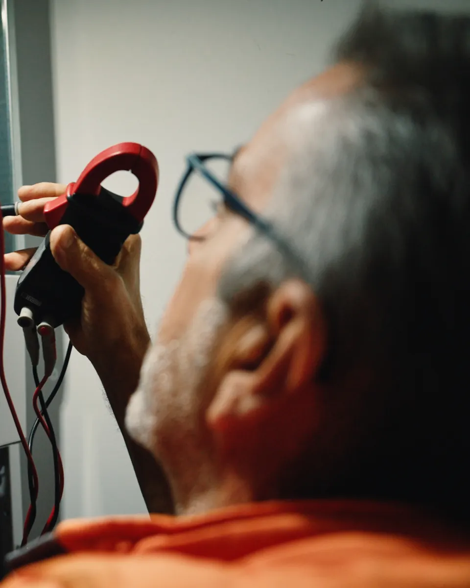 Un technicien à lunettes, vu de trois quarts arrière, tient une pince ampèremétrique rouge dans une armoire électrique, une pointe de test dans l’autre main.