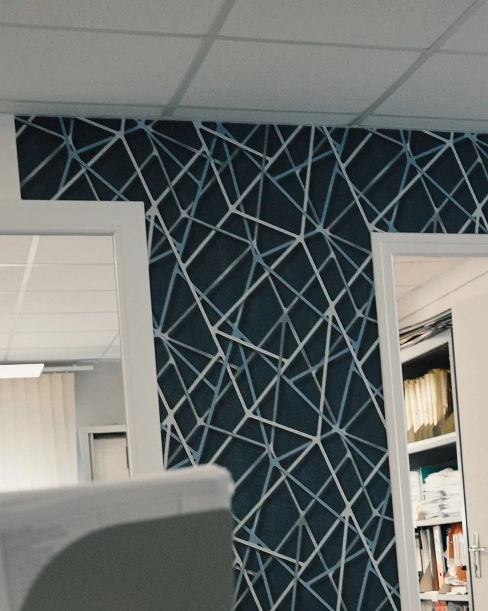 Un mur sombre habillé d’un motif de lignes blanches, entre deux portes aux chambranles blancs, sous un plafond à dalles.